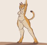 anthro asvenroc breasts felid feline female genitals hi_res looking_at_viewer mammal nipples nude nude_female overweight overweight_female pussy raised_arm selene_(certifiedocto) serval shaded_sketch solo stretching thick_thighs