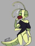 2024 4_arms andromorph antennae_(anatomy) anthro arthropod arthropod_abdomen bottomless bottomless_andromorph bottomless_intersex clothed clothing container cup daniel_(wayesh) diamond_pupils drinking exoskeleton genitals green_body green_sclera hi_res insect intersex mantis mug multi_arm multi_limb multicolored_body oversized_clothing oversized_shirt oversized_topwear pinup pose pussy shirt shirt_only signature slim slim_andromorph slim_anthro solo standing steam t-shirt t-shirt_only tired topwear topwear_only two_tone_body wayesh yellow_body