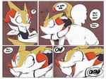 2018 anthro arm_tuft border braixen breasts carrying_another cheek_tuft chest_tuft clothed clothing comic dialogue digital_media_(artwork) dipstick_tail duo emanata english_text excited facial_tuft female fur generation_6_pokemon happy human inner_ear_fluff male mammal markings multicolored_tail nintendo onomatopoeia open_mouth open_smile orange_nose pokemon pokemon_(species) question_mark shoulder_carry shoulder_tuft shoutingisfun simple_background smile sound_effects speech_bubble surprise tail tail_markings teeth text tuft waist_grab white_body white_border white_fur yellow_body yellow_fur yellow_tail