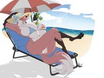 4:3 absurd_res anthro beach beer_bottle big_breasts bikini bikini_bottom bikini_top black_body black_fur bottle breasts butt canid canine clothing container dullvivid female fox fur grin half-closed_eyes hat headgear headwear hi_res huge_breasts lawn_chair mammal narrowed_eyes orange_body orange_fur smile solo sun_hat swimwear two-piece_swimsuit white_body white_fur