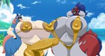 absurd_res anthro areola balls beach big_areola big_balls big_breasts big_penis bikini black_claws blush breasts claws clothing duo erection female generation_8_pokemon genitals golden_bikini gynomorph hand_on_hip hands_behind_head herm hero_of_many_battles_zacian hero_of_many_battles_zamazenta hi_res huge_balls huge_breasts huge_penis hyper hyper_breasts intersex intersex/female ivaldi legendary_pokemon muscular muscular_arms muscular_female navel nintendo one-piece_swimsuit penis pokemon pokemon_(species) sling_bikini swimwear tail two-piece_swimsuit vein veiny_penis zacian zamazenta