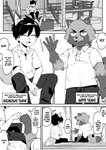 2020 animal_humanoid anthro belly bottomwear canid canid_humanoid canine canine_humanoid child clothed clothing comic dialogue duo english_text eyes_closed fox_humanoid hard_translated hi_res humanoid humanoid_hands kaminosaki male mammal mammal_humanoid monochrome pants raccoon_dog right_to_left shirt sitting slightly_chubby tanuki text third-party_edit topwear translated translation_edit young young_anthro young_humanoid young_male