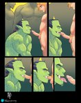 absurd_res balls bodily_fluids comic daspurplesong duo elf fangs genital_fluids genitals green_body green_skin group hi_res humanoid humanoid_pointy_ears male male/male muscular muscular_humanoid muscular_male nude oral orc penis pointy_ears precum saliva teeth vein veiny_penis