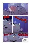 anthro blush bodily_fluids comic cum dialogue earl_(t0l0k) english_text genital_fluids glory_hole hi_res male mammal muscular muscular_male rhinoceros solo sweat t0l0k text