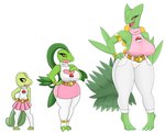 absurd_res anthro armwear big_breasts black_eyes bottomwear bracelet breasts clothing denim denim_bottomwear denim_clothing female generation_3_pokemon green_body grovyle hi_res huge_breasts jeans jewelry leaf leaf_tail legwear nintendo pants pokeball pokemon pokemon_(species) sceptile shirt simple_background skirt solo stockings tail topwear treecko urusee584 white_background