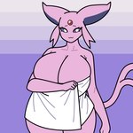 1:1 abstract_background anthro big_breasts breasts collarbone eeveelution espeon female franschesco_(artist) generation_2_pokemon hi_res huge_breasts nintendo pink_body pokemon pokemon_(species) purple_background simple_background smile solo tail thick_thighs towel towel_only voluptuous_female