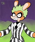 abstract_background anthro beetlejuice beetlejuice_(character) beetlejuice_(movie) bor_(orangedo69) clothing cosplay green_hair green_smoke hair hi_res lagomorph leporid male mammal necktie orange_body orange_eyes orangedo69 pattern_clothing purple_background rabbit simple_background smoke solo striped_clothing stripes