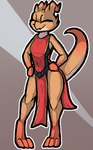 2020 absurd_res anthro bottomwear brown_body clothed clothing female hi_res kobold loincloth outline red_bottomwear red_clothing red_loincloth smile solo trufzn white_outline