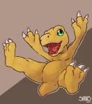 2017 agumon bandai_namco bastriw digimon digimon_(species) digital_media_(artwork) dinosaur hi_res male prehistoric_species reptile scalie simple_background smile solo teeth theropod tongue yellow_body yellow_skin