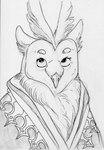 absurd_res anthro avian beak bedding bird blanket chest_tuft clothing eyebrows female head_tuft hi_res looking_up marcie_montis monochrome owl sketch small_eyebrows solo thick_eyebrows traditional_media_(artwork) tuft unnamed_character