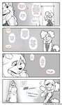 2024 abby_(canisfidelis) absurd_res anthro big_breasts biped bottomwear bra breasts canid canine canis canisfidelis changing_room closed_smile clothed clothing comic dialogue domestic_dog dress duo english_text eyebrows eyes_closed female floppy_ears fluffy fluffy_ears fluffy_hair fluffy_tail hair hi_res inside laugh long_hair looking_at_another mammal monochrome mouth_closed open_mouth ponytail poodle seashell_(canisfidelis) shirt skirt small_breasts smile solo speech_bubble tail teeth text tongue topwear underwear