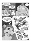 absurd_res anthro border comic comic_panel corruptedcatte cougar dark_body dark_skin dialogue duo eating eating_food english_text felid feline hi_res lion male male/male mammal monochrome overweight overweight_male pantherine slightly_chubby slightly_chubby_male speech_bubble text thought_bubble weight_gain white_border