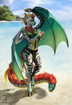 anthro beach beverage bikini clothing digital_media_(artwork) dragon female glass hair head_tail hi_res horn hybrid mythological_creature mythological_scalie mythology reptile sand scalie sea shaded smoothie snake solo swimwear tail techiesxc two-piece_swimsuit water winged_arms wings