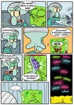 anthro bandage bed cephalopod coleoid dialogue dual_persona duo frown furniture greenie_(pancaketiffy) hi_res male marine mollusk nickelodeon octopodiform octopus on_model pancaketiffy possession sea_sponge spanish_text speech_bubble spongebob_squarepants spongebob_squarepants_(character) squidward_tentacles text toony translation_check translation_request