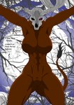 abs anthro big_breasts bone breasts brown_body cel_shading cloud dead_tree dialogue digital_drawing_(artwork) digital_media_(artwork) featureless_breasts featureless_crotch female first_person_view halloween hi_res holidays kenshinho_arts milith(kenshinho_arts) moon pinned pinned_to_ground plant portrait shaded skull skull_head solo tail tail_tuft text three-quarter_portrait tree tuft