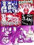 2023 allison_goleta anthro blush bovid bovine canid canine cattle claire_higsby comic dialogue felid female female/female fox group heart_symbol hi_res jodie_caldwell lagomorph leporid licking mammal melody_amaranth mythological_canine mythological_creature mythology on_top_of pantherine rabbit screaming sound_effects super_lesbian_animal_rpg tail tail_motion tailwag tiger tongue trans_(lore) trans_woman_(lore) were werecanid werecanine werewolf winguthings