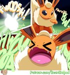 ambiguous_gender beanshaped burping comic eevee eeveelution evolution evolution_(transformation) fangs feral flareon fur generation_1_pokemon hi_res nintendo onomatopoeia orange_body orange_fur pokemon pokemon_(species) pokemon_speak rumbling_stomach simple_background solo sound_effects teeth text tongue transformation url