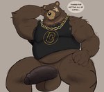 2024 anthro balls bear belly belly_peeking_out ben_bigger big_penis bottomless bottomless_male chain_necklace clothed clothing english_text erection foreskin genitals hand_behind_head hi_res humanoid_genitalia humanoid_penis jewelry lewd_bunnie male mammal mihoyo musclegut muscular muscular_male necklace overweight overweight_male penis shirt solo spread_legs spreading talking_to_viewer text topwear torn_clothing torn_shirt torn_sleeves torn_topwear vein veiny_penis zenless_zone_zero