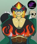 berettiger26 big_breasts bone breasts cleavage clothed clothing cosplay dr._livesey female fully_clothed generation_2_pokemon hi_res huge_breasts looking_down nintendo pokemon pokemon_(species) quilava red_eyes shawna_(sandslash) skull smile smirk solo