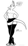 anthro bottomwear breasts butt clothed clothing dialogue ear_piercing ear_ring english_text female fur hi_res kangaroo kangy_(tegerio) legwear looking_back macropod mammal marsupial monochrome piercing rear_view ring_piercing skirt solo tail tegerio text thigh_high_stockings thigh_highs topless