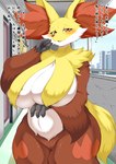 absurd_res anthro big_breasts blush breast_curtains breasts canid canine delphox digit_ring female fur generation_6_pokemon hi_res huge_breasts infidelity inner_ear_fluff japanese_text jewelry looking_at_viewer mammal mature_anthro mature_female megane_inu nintendo nude pokemon pokemon_(species) red_body ring smile solo text translated tuft wedding_ring yellow_body yellow_fur