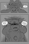 anthro biped blush bodily_fluids comic crying dialogue duo english_text exclamation_point front_view fur generation_4_pokemon generation_9_pokemon hi_res hug lucario male meowscarada monochrome nintendo pokemon pokemon_(species) samu_(sincastermon) sincastermon sobbing speech_bubble sweat tears text vine_(sincastermon)