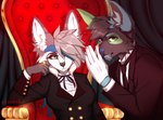 alternative_fashion anthro big_ears biped black_body black_butler black_fur black_tie_(suit) bow_(knot) canid canine canis chatski ciel_phantomhive clothed clothing coat cosplay crossdressing curtains digital_media_(artwork) duo eye_patch eyewear female fox fully_clothed fur gloves gold_(metal) grey_body grey_fur hair half-length_portrait handwear j-fashion knot kuroshitsuji male mammal necktie ouji_(fashion) portrait redraw ring sebastian_michaelis suit tailcoat tape thorn tomboy topwear wolf