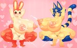 absurd_res animal_crossing ankha_(animal_crossing) anthro areola big_breasts blue_hair blush bodily_fluids breasts censored crouching domestic_cat duo ejaculation felid feline felis female genital_fluids genitals hair hands_behind_head heart_symbol hi_res huge_breasts hyper hyper_breasts lactating lagomorph leporid looking_at_viewer mammal nintendo nipples omenyanozero pink_background pussy pussy_ejaculation rabbit simple_background smile spread_legs spreading vaginal_fluids yellow_body