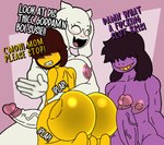 alternate_version_at_source anthro big_butt bovid butt butt_slap caprine deltarune dialogue eyewear furu_flami glasses goat group gynomorph huge_butt human intersex intersex/male kris_(deltarune) male mammal nude reptile scalie size_difference slap spank_(sound_effect) spanked_butt spanking susie_(deltarune) toriel trio undertale_(series)