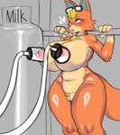 absurd_res animal_crossing anthro audie_(animal_crossing) big_breasts bodily_fluids bottomless bra_down breast_milking breasts canid canine canis chest_tuft clothed clothing curvy_figure eyewear eyewear_on_head female fur genitals heart_symbol hi_res huge_breasts lactating looking_pleasured machine mammal milk milking_machine mostly_nude nintendo nipples orange_body orange_fur pink_nipples pubes pussy slightly_chubby solo sunglasses sunglasses_on_head tozamtr tuft voluptuous_anthro voluptuous_female wolf