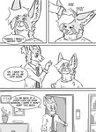 absurd_res anthro black_and_white canid canine clothed clothing comic dialogue door duo english_text flower fox headpat hi_res hybrid inner_ear_fluff kif_yppreah kifyun2 male mammal monochrome necktie picture_frame plant raphael_yppreah sibling_(lore) simple_background speech_bubble text tuft