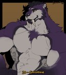 2023 abs amber_eyes anthro barazoku beard biceps chest_tuft digital_media_(artwork) eyebrows facial_hair fangs felid fur grey_body grey_fur hair hi_res male mammal muscular muscular_anthro muscular_male navel pecs prehistoric_species purple_body purple_fur saber-toothed_tiger sabertooth_(anatomy) smile smilodon solo teeth timdoodles tuft werecreature werefelid weresaber-toothed_tiger weresmilodon