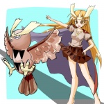 1:1 alternate_species avian beak bird bottomwear brown_eyes brown_hair cape clothing cosplay costume duo feathered_wings feathers female feral generation_2_pokemon hair human humanized long_hair low_res mammal nintendo noctowl pokemon pokemon_(species) pokemon_costume ranphafranboise skirt wings