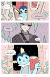 absurd_res anthro blue_body clothed clothing comic dialogue duo eeveelution female generation_1_pokemon generation_4_pokemon heart_eyes heart_symbol hi_res leafeon male nintendo pokemon pokemon_(species) raining skullwife text three_frame_image vaporeon