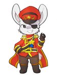 3:4 4_fingers anthro anthrofied belt black_eyes boots cape chibi claws clothing evil_genius_(series) evil_genius_2 evil_grin eye_patch eyewear fingers footwear fur hand_on_hip hat headgear headwear hi_res lagomorph leporid long_ears male mammal medal military_uniform rabbit red_clothing red_ivan ripy sash shoes simple_background smile solo uniform white_background white_body white_fur