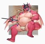 2024 2_horns absurd_res anthro belly biceps black_sclera blue_tongue bluecard916 briefs bulge clothing dragon front_view hi_res holding_melee_weapon holding_object holding_weapon horn licking licking_lips male mask melee_weapon musclegut muscular mythological_creature mythological_scalie mythology navel nipple_piercing nipples open_mouth open_smile orange_eyes piercing pink_body sai_(weapon) scalie signature sitting smile solo tongue underwear weapon wings xvi_ji_(character)