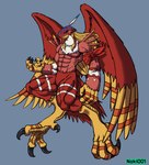 absurd_res anthro armor avian_feet bandai_namco big_claws big_feet black_claws blonde_hair blue_eyes claws digimon digimon_(species) feathers featureless_crotch feet garudamon hair headgear helmet hi_res long_hair male muscular muscular_anthro noki001 red_body red_feathers simple_background solo stripes talons toes white_stripes wings