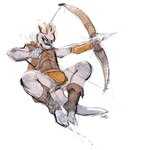 1:1 anthro bow_(weapon) brown_clothing brown_legwear brown_topwear closed_smile clothed clothing front_view full-length_portrait grey_body hi_res holding_arrow holding_bow_(weapon) holding_object holding_ranged_weapon holding_weapon legwear male mouth_closed oselotti portrait ranged_weapon signature simple_background sketch smile solo species_request spread_legs spreading topwear weapon white_background