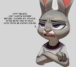 2023 annoyed anthro bra clothed clothing crossed_arms dialogue digital_media_(artwork) disappointed disney english_text female grey_background grey_body judy_hopps lagomorph leporid mammal profanity purple_eyes rabbit rabbit_ears shirt simple_background solo sports_bra t-shirt text thehumancopier topwear underwear zootopia