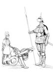 2024 anthro armor asinus bowing camel camel_mamluk_(hladilnik) camelid donk_(hladilnik) donkey equid equine female group headgear helmet hi_res hladilnik holding_melee_weapon holding_object holding_polearm holding_weapon hybrid looking_down male mammal melee_weapon monochrome mule polearm sketch trio weapon