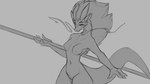 16:9 anthro asian_mythology breasts digital_drawing_(artwork) digital_media_(artwork) dragon east_asian_mythology eastern_dragon female fighting_pose genitals monochrome mythological_creature mythological_scalie mythology nude pose pussy scalie simple_background small_breasts solo staff tail watsup widescreen