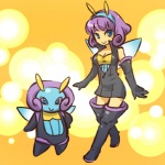 1:1 accessory antennae_(anatomy) armwear blue_body blue_eyes blue_skin boots breasts cleavage clothed clothing cosplay duo elbow_gloves female footwear front_view generation_3_pokemon gloves hair hair_accessory hairband handwear hitec human illumise legwear looking_at_viewer mammal nintendo nude pokemon pokemon_(species) pokemon_trainer purple_hair shoes smile standing tan_body tan_skin thigh_boots thigh_highs toony wings