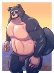 2023 3:4 anthro black_body black_nose blush bulge canid canine canis clothing domestic_dog eyes_closed hi_res humanoid_hands kemono kick_(artist) male mammal musclegut muscular solo speedo swimwear