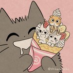 1:1 amayakasuneko ambiguous_gender banana crepe dairy_products dessert domestic_cat eyes_closed felid feline felis feral food fruit group ice_cream mammal mojacookie nagameruneko official_art plant shikaruneko shikaruneko_(series) strawberry whipped_cream