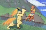 buice_(doesnotexist) buizel cloud digital_media_(artwork) digital_painting_(artwork) doesnotexist duo fire generation_2_pokemon generation_4_pokemon mountain multi_tail nintendo pawpads paws pokemon pokemon_(species) pokemon_battle quilava splash tail water