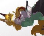 anthro blonde_hair blue_eyes canid canine clothing female fox fur gloves gun hair handgun handwear jacket long_hair looking_at_viewer mammal necktie pistol ranged_weapon sideways simple_background smile solo topwear true_fox weapon white_background yaco_kitagawa ymsrplan