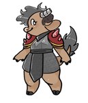 2020 anthro armor biped blush bovid bovine breastplate broken_horn brown_body brown_fur cattle chainmail claws clothed clothing digital_media_(artwork) female fur grey_hair grey_horn hair hi_res hooves horn mammal manitka manitka_(character) pauldron pink_nose simple_background solo tail white_background