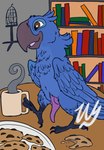 20th_century_fox 20th_century_studios animal_genitalia animal_penis avian beak bird birdcage blu_(rio) blue_body blue_feathers blue_sky_studios book bookshelf brown_eyes casual_exposure claws cloacal_penis container cookie crumbs cup digital_drawing_(artwork) digital_media_(artwork) feathers feet feral food furniture genitals hi_res holding_container holding_cup holding_mug holding_object knot macaw male mug neotropical_parrot open_mouth parrot penis plate rio_(series) signature smile solo spix's_macaw table tail tail_feathers talons tapering_penis toes true_parrot wings wyrmling_(artist)