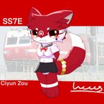 1:1 2024 adolescent anthro black_bottomwear black_clothing black_skirt blush bottomwear canid canine canis ciyun_zou clothing fan_(disambiguation) female happy hi_res humanoid kemono looking_at_viewer lucas_yuan_ww mammal navel navel_outline red_body red_bow red_eyes red_tail sailor_uniform side_view skirt solo tail tattoo train transformation vehicle wolf young young_anthro young_female