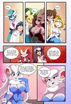 anthro anthrofied big_ears black_eyes black_sclera blush braixen bray_(lucyfercomic) breasts brown_eyes canid cinccina_(lucyfercomic) cinccino cleavage clothed clothing colette_(inarifox) comic cute_fangs dr._voir dress eeveelution english_text eyewear fangs female gardevoir generation_3_pokemon generation_4_pokemon generation_5_pokemon generation_6_pokemon glasses gloves group hair hair_over_eyes handwear hat headgear headwear hi_res human inner_ear_fluff inside jewelry jirachi kaito_(inarifox) leafeon legendary_pokemon licking licking_lips licking_own_lips lopunny lucyfercomic male mammal may_(pokemon) nano_(nanosheep) necklace nintendo pink_eyes pokemon pokemon_(species) pokemon_trainer pokemorph pupils red_eyes self_lick shiny_pokemon speech_bubble teeth text tongue tongue_out tuft white_pupils yellow_eyes